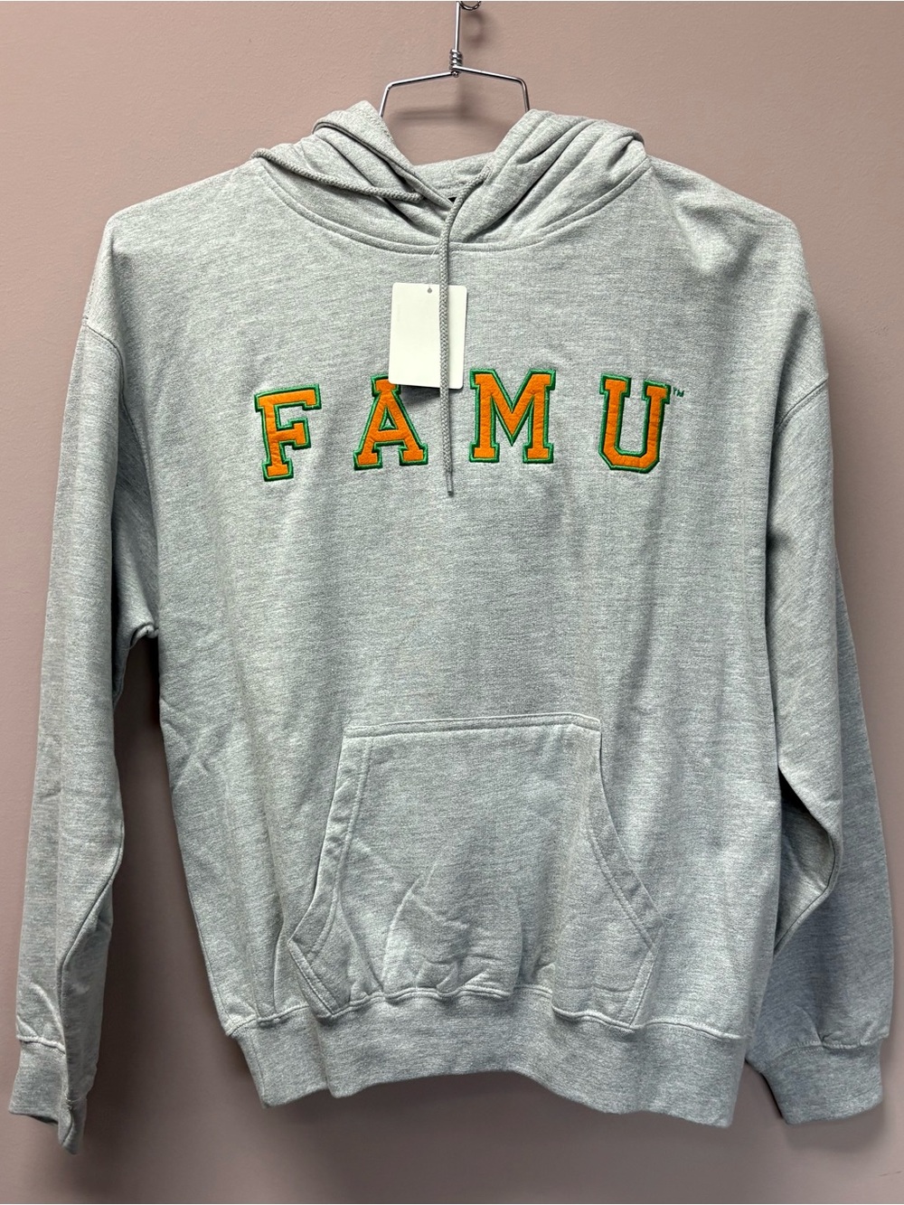 Grey Pullover Hoodie with Green & Orange Lettering